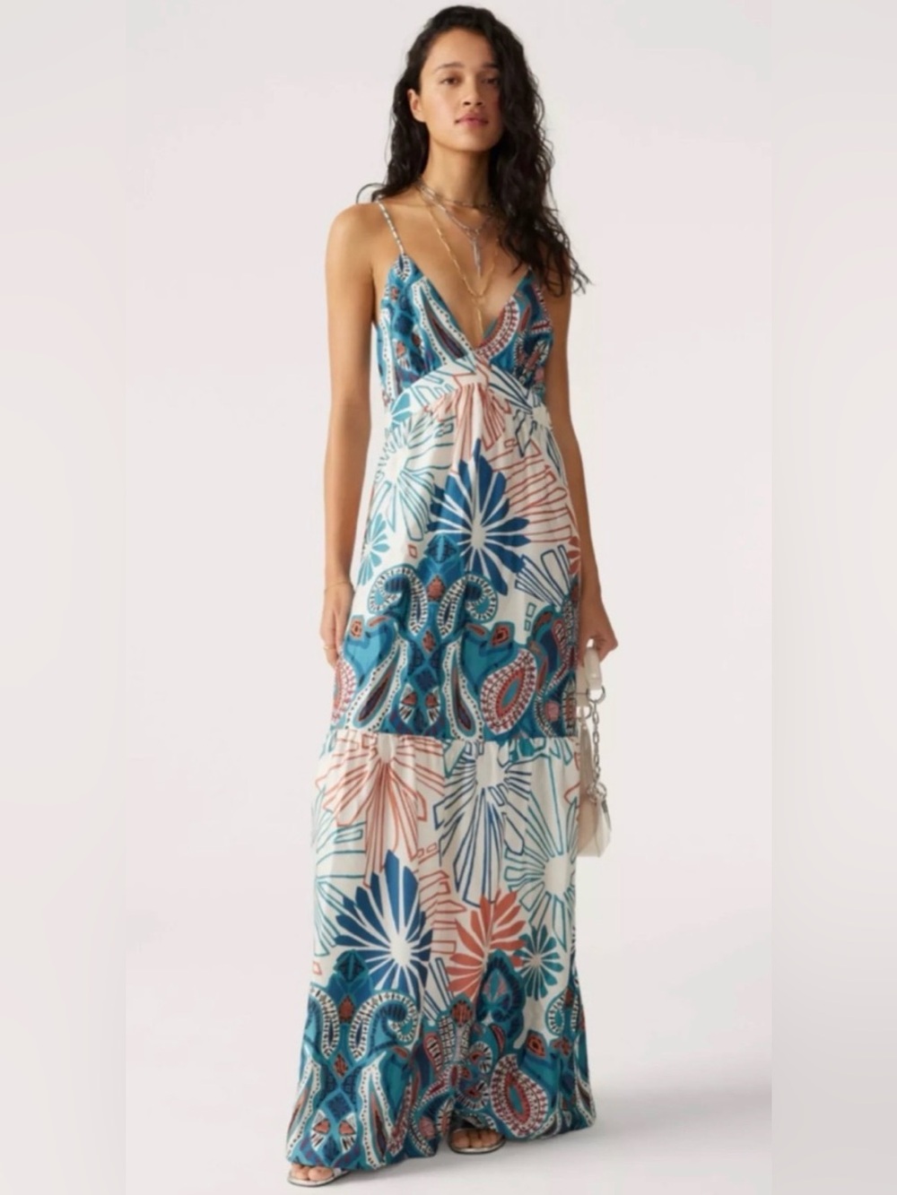 ba&sh Joyce Teal and Coral Paisley Floral Maxi Dress Cross Back P12
